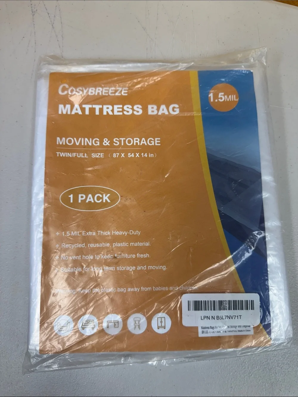 Clear Mattress Bag for Moving & Storage fits size twin or full 1.5 mil thick 1pk